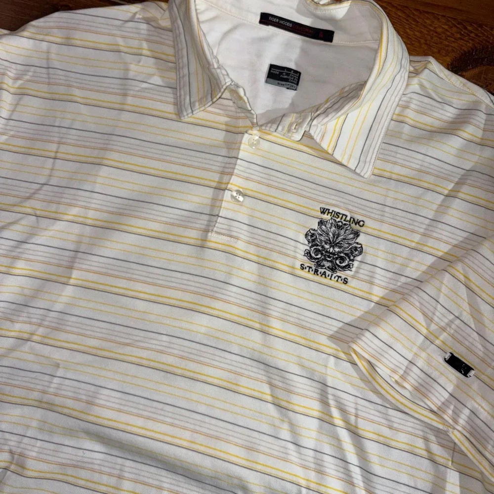 Nike Tiger Woods Golf Polo Shirt Men Large White Yellow Whistling Straits Stripe